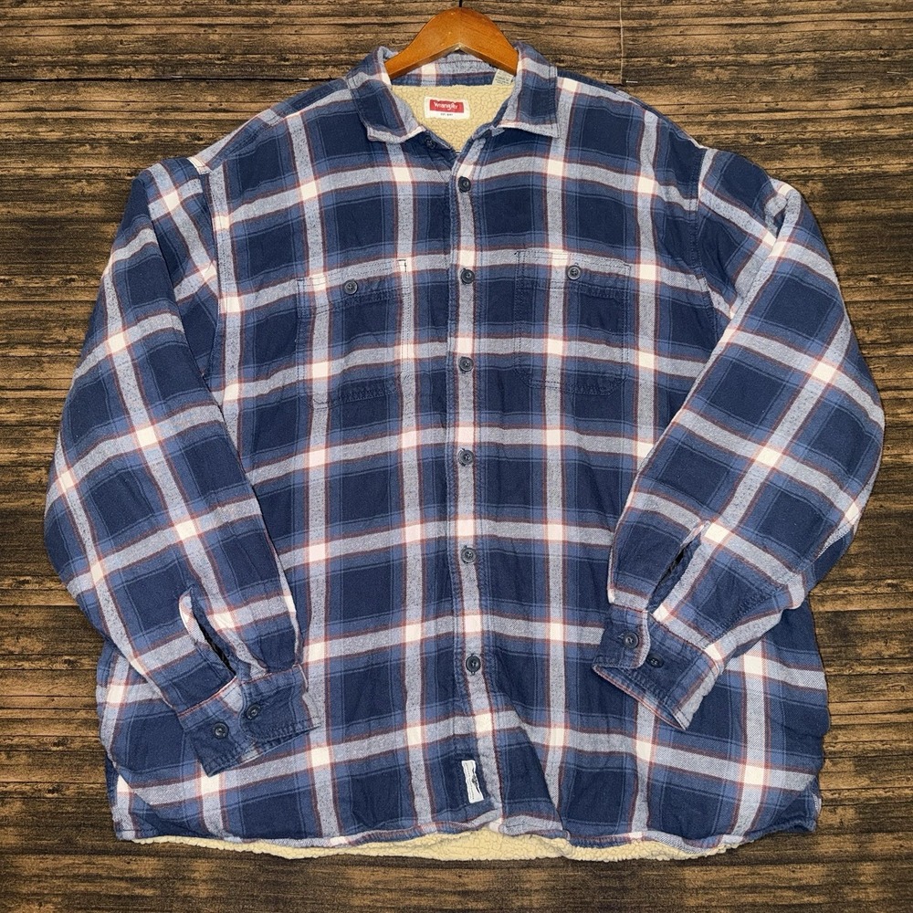 Wrangler Mens Flannel Sherpa Lined Shacket Jacket Blue Plaid Cold Weather 2XL